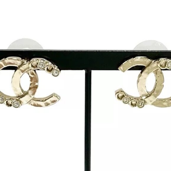 CHANEL CC Logos Rhinestone Stud Earrings Gold Tone A22P Auth w/Box - Picture 6 of 9